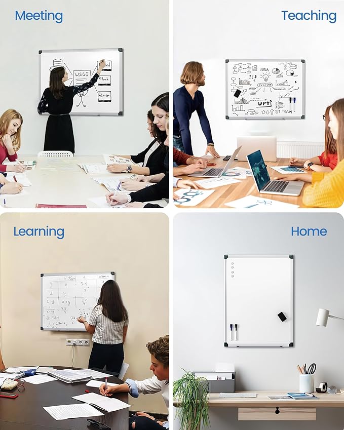 VUSIGN Magnetic White Board Kit for Wall 24" x 18", 1 Dry Eraser & 2 Multicolor Markers & 4 Magnetic Pins, Sliver Reinforced Aluminum Frame for Home, School, Office