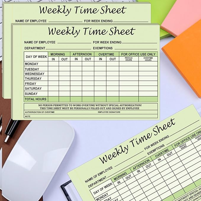 Employee Weekly Time Sheets Weekly Format 2 Part Carbonless 5.5 x 8.26 Inch - Daily Time Sheet Log Book Weekly Format 100 Sets