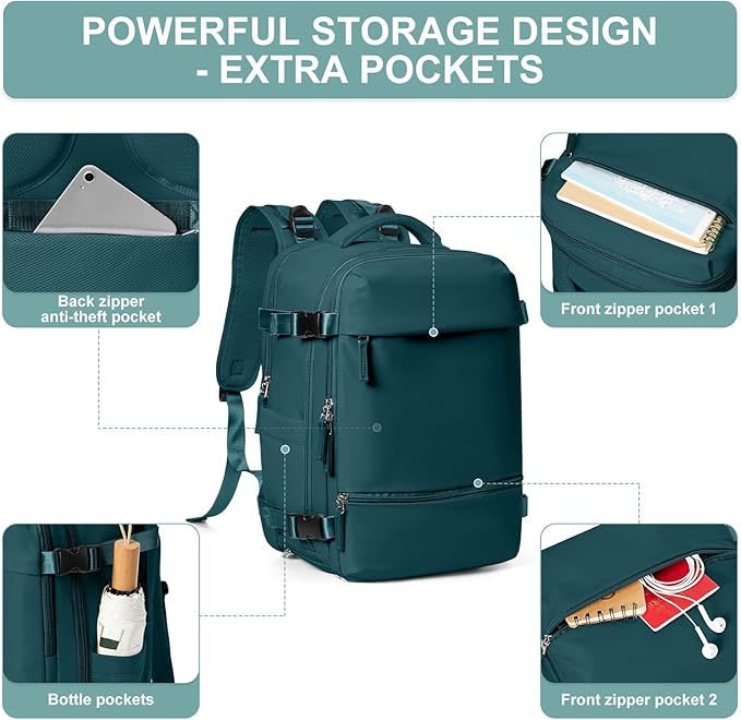 Travel Backpack Simple Durable Carry On Backpack with Shoe Compartment, Personal Item Travel Bag Flight Approved, Water Resistant Laptop Backpack for Women Men Weekender Business, Peacock Blue