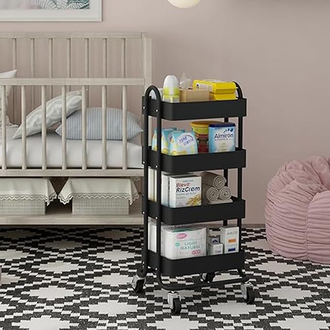 4-Tier Black Rolling Cart,Metal Rolling Utility Cart with Handle,Multifunction Rolling Carts with Wheels,Kitchen Storage Carts Suitable for Office,Home,Kitchen,Garden๏ผ13.4"x18.1"x40"๏ผ Black