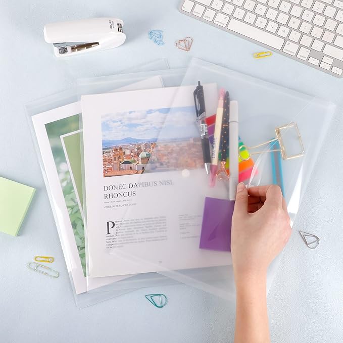 EOOUT 50pcs Plastic Envelopes with Button Snap Closure, Clear Plastic Poly Envelope, Folders for Documents, Waterproof Plastic File Folder, Letter Size, A4 Size, for School and Office Supplies