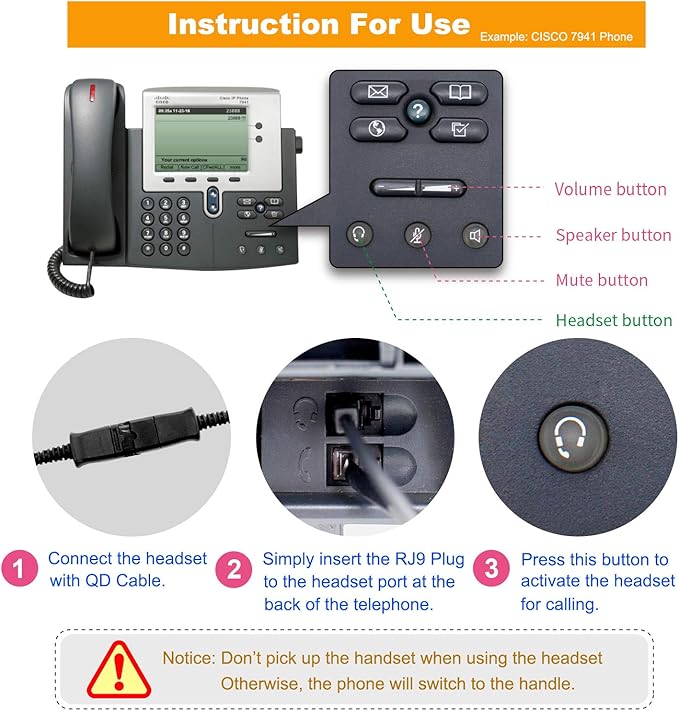 VoiceJoy Single Ear Noise Canceling Headset for Call Center/Office with QD Cable for All Cisco 6000, 7800 and 8000 Series Phones and Also Models 7940 7941 7942 7945 7960 7961 7962 7965 7970 8841