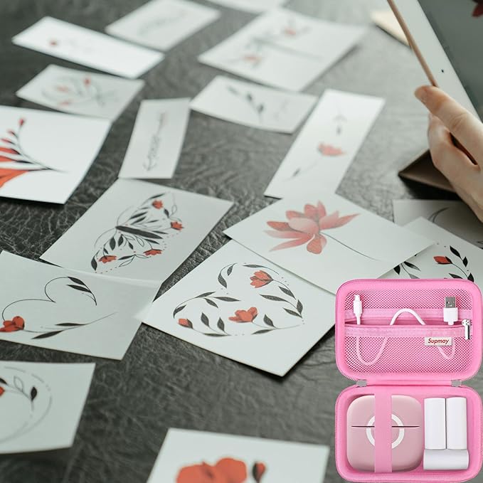 Hard Travel Case for Cabaro Mini Printer Sticker Thermal Printer, Bluetooth Portable Phone Printer Storage Holder Protection Case with Zipper Mesh Pocket fit Rolls Paper, Charging Cable, Pink