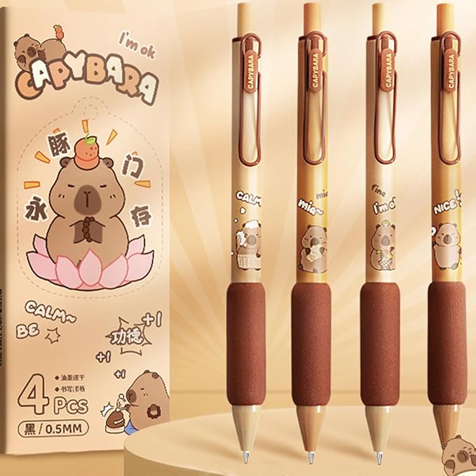 4 Pcs Cute Retractable Pens Cartoon Capybara Pen 0.5mm Black Ink Pen Soft Grip Writing Pens Gel Ink Pens Aesthetic Pens Office School Supplies for Girls Boys Women Men (Capybara)