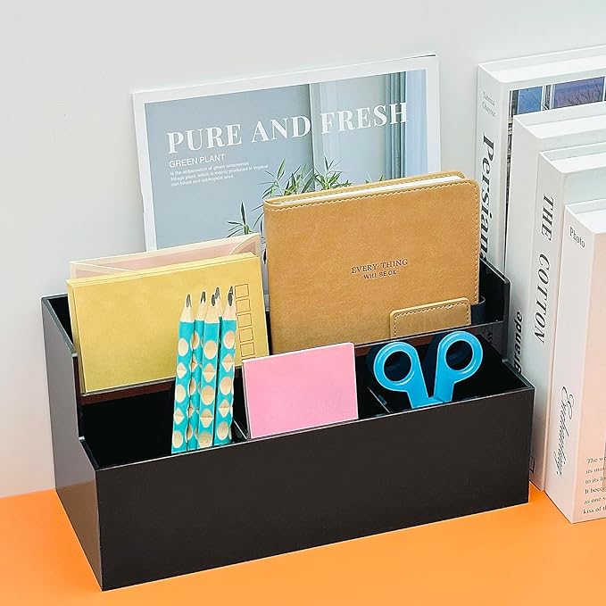 Mail Organizer, Mail Holder with 5 Slots, Modern Mail Sorter Basket for Countertop, Acrylic Desktop Bill Letter Envelope Holder, Black