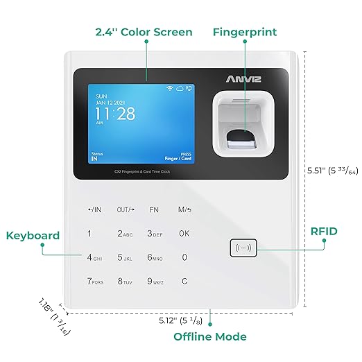 ANVIZ Time Clocks for Employees Small Business - CX2 Fingerprint Biometric Clock in and Out Machine - with Professional Cloud Software (0 Monthly Fee), White