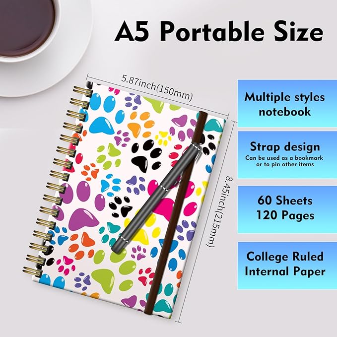 Spiral Journal Notebook, A5 Cute Notebooks for Women Men, College Ruled Hardcover Notebook for Work & Note Taking, 60 Pages Double-Wire Journals for Writing Colorful Dog Paws