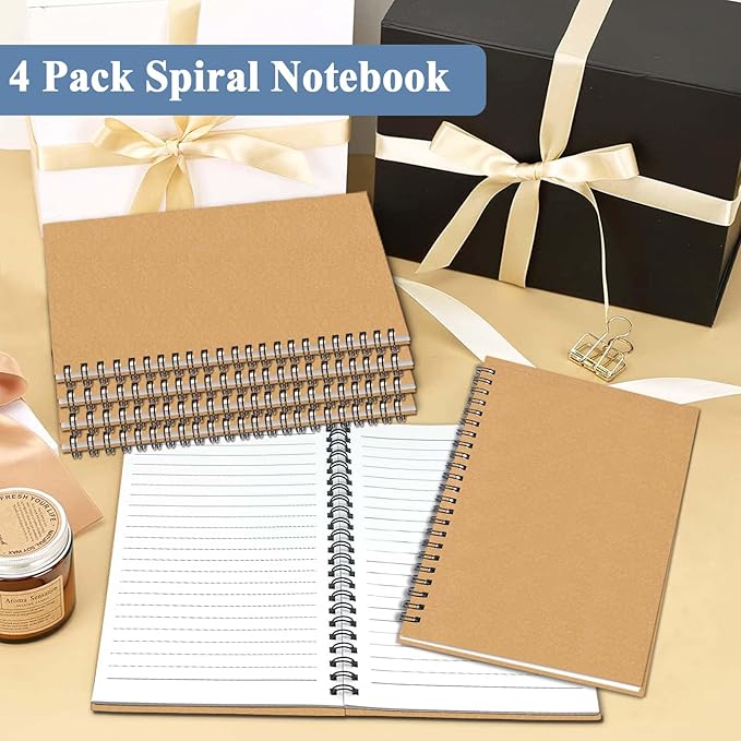 GINMLYDA 4Pack Small Spiral Notebook A5, 8.25x5.5” 120 Lined Pages Wide Ruled Spiral Journal Bulk Blank Kraft Cover Spiral Bound Notebook & Writing Pads for Home Office Meeting Work Note Taking