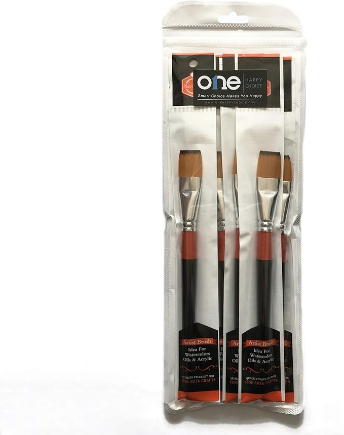 3/4 Inch Flat Bright Paint Brush, Pack of 6, Premium Quality Synthetic Sable Hair for Acrylic Watercolor Oil Gouache Painting by Students, Professionals and Artists