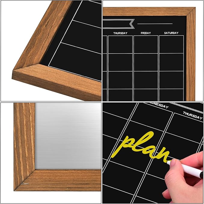 Calendar Chalkboard, 10.6" * 14.6", Magnetic Surface Rustic Brown Solid Pine Wood Frame Chalk Board for Planning/School Timetable/Memo, Hanging Board for Office, School and Home(YLHB-QZ-2737)