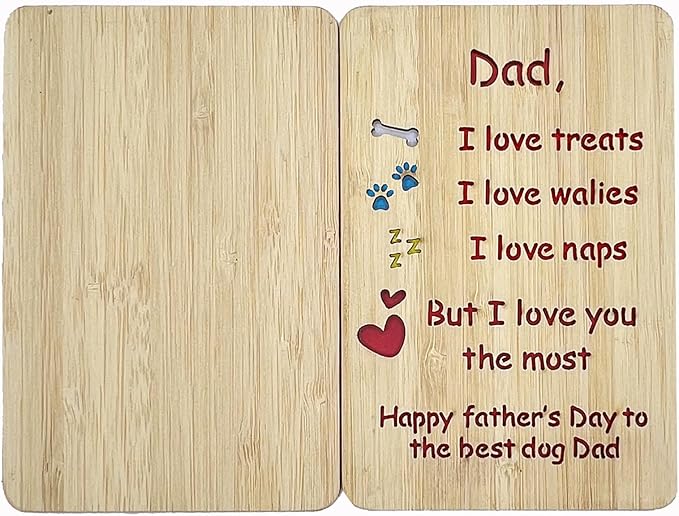 Handmade Bamboo Funny Dog Dad Fathers Day Card from Son Daughter, Cute Dog Dad Gifts for Men, Wooden Happy Father’s Day Card for Him