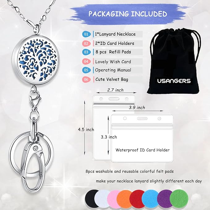 Lanyards for ID Badges and Keys, ID Badge Holder with Lanyard Stainless Steel Keychain Diffuser Necklace Lanyard Badge Lanyards for Women Teacher Nurse Student Office Work Jewelry Family Tree