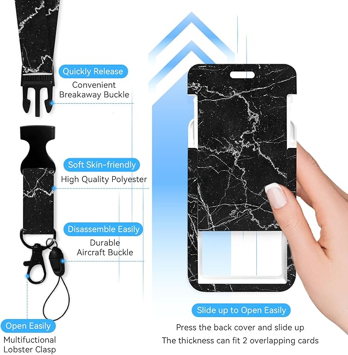 Black Marble Badge Holder with Retractable Reel and Breakaway Lanyard,Badge Clips Retractable Heavy Duty Badge Reel,Keychain,ID Holder with Breakaway Lanyard for School Nurse Office Teen…