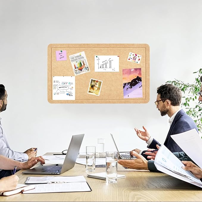 Vuzvuv Wood Brown 28"x16" Large Cork Board with 50 Push Pins & Sticky Notes, Self-Adhesive Bulletin Board No Damage for Wall, Felt Pin Board for Paste Notes, Photos, Schedules Offices Home