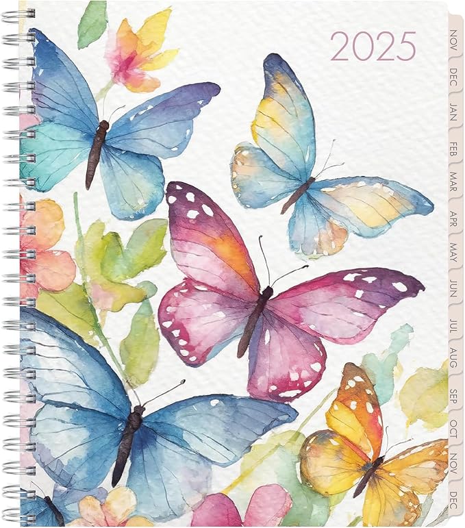 Essential PRO 2025 Daily, Weekly & Monthly Planner, 8.5"x11": 14 Months (Nov 2024 - Dec 2025) Monthly Tabs,Daily Tracking,Notes Pages,Storage Pocket,Bookmark w Sticky Notes (Watercolor Butterflies)
