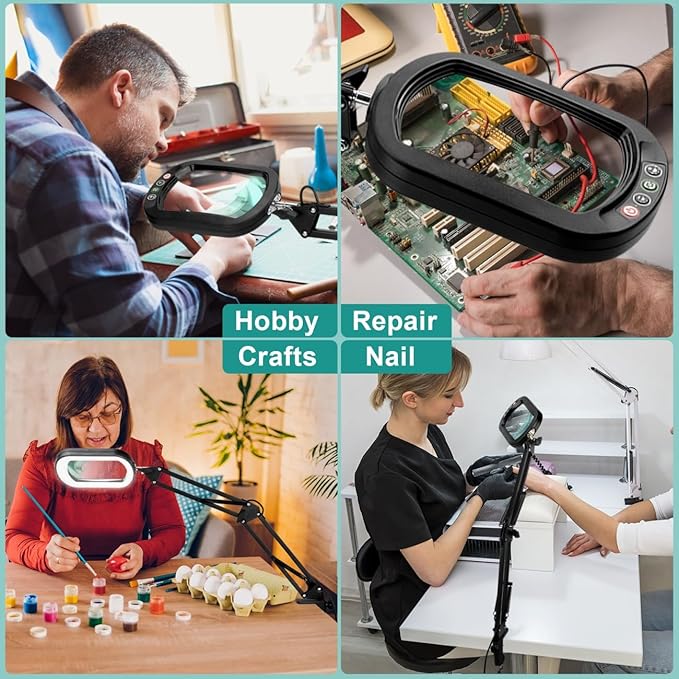 10X Rectangle Magnifying Glass with Light, 5 Color Modes Stepless Dimmable Magnifier with Stand, LED Lighted Clamp Desk Lamp with Swing Arm, Hands Free for Reading Painting Crafts Close Work