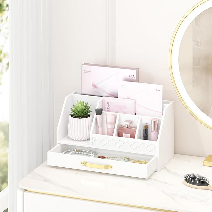 Bamboo Desk Organizer with Drawers, Mail Organizer Countertop Wood Desk Drawer Tabletop Storage Organization Pen Holder Letter Sorter Makeup Organizer for School Home Office (White)