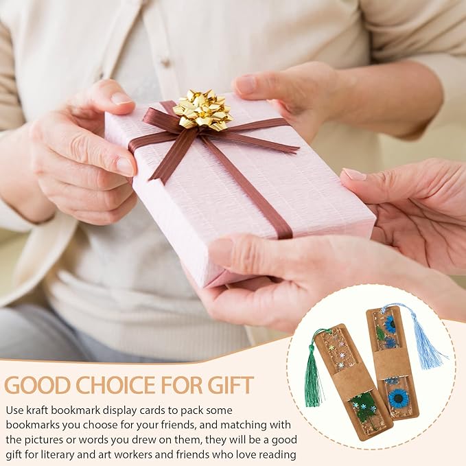 Fumete 50 Pieces Resin Bookmark Holder 5.9 x 1.8 Inches Kraft Sleeves DIY Bookmarks Display Cards for Wrapping Small Business Packaging Supplies Party Favor Gift (Brown, Cute)