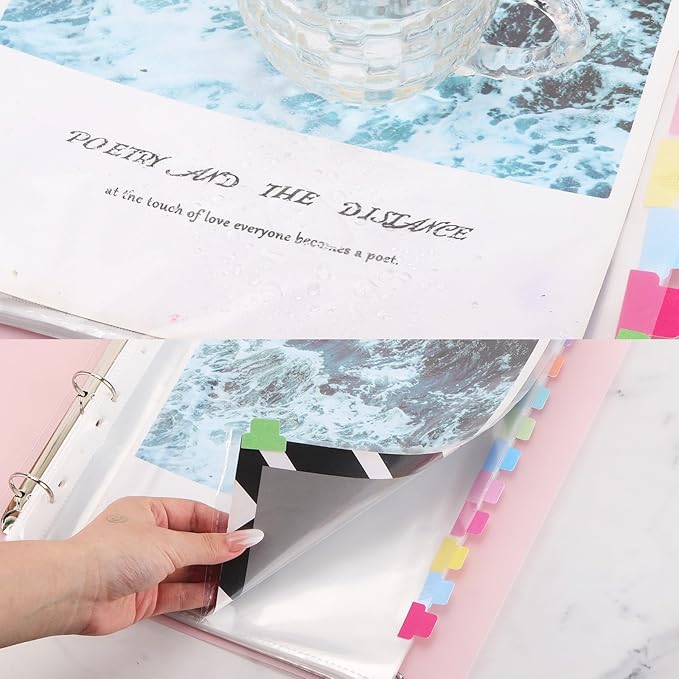 100 Pcs Sheet Protectors 12in*9in Clear Binder Sleeves with 9 Sheets Color Tabs for 2/3/4 Ring Binder(11 Hole)