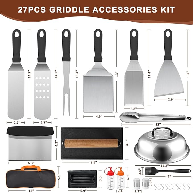 Blackstone Griddle Accessories Kit, 27Pcs Grilling Accessories Set for Blackstone and Camp Chef, Flat Top Grill Accessories Set with Spatulas, Scraper, Grill Press, Basting Cover for BBQ