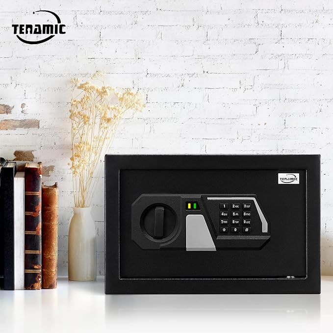 Tenamic Fireproof Safe Box 0.4 Cuft Electronic Digital Security Box, Keypad Small Lock Box Cabinet Safes with Internal Light, Solid Alloy Steel Office Hotel Home Mini Safe with 2 Passwords, Black