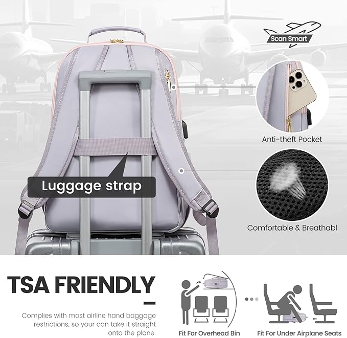 LOVEVOOK Laptop Backpack for Women 17.3 inch,Cute Womens Travel Backpack Purse,Professional Laptop Computer Bag,Waterproof Work Business College Teacher Bags Carry on Backpack with USB Port,Grey Pink