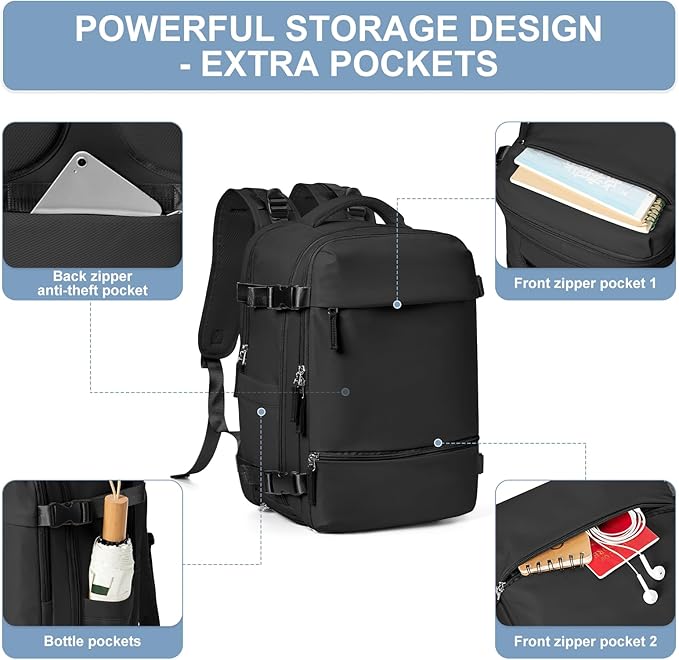 Travel Backpack Simple Durable Carry On Backpack with Shoe Compartment, Personal Item Travel Bag Flight Approved, Water Resistant Laptop Backpack for Women Men Weekender Business, Black