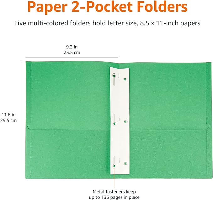 Amazon Basics Twin Pocket File Folders with Fasteners, 25-Pack, Letter, Assorted