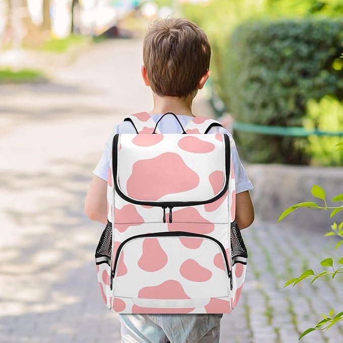 Cow Print Backpack with Reflective Strip for Kids Boys Girls Elementary School Bag Removable Chest Strap