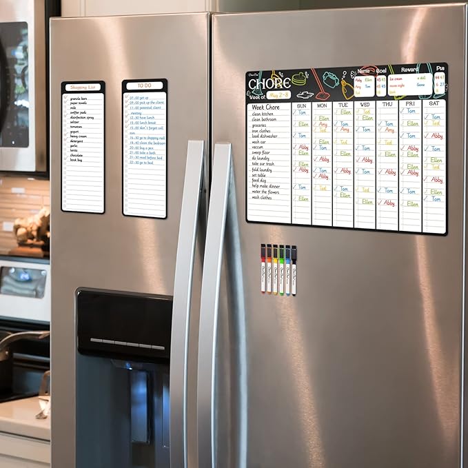 Magnetic Dry Erase Chore Chart - 17"x12" Dry Erase Chore Board for Kids, Teens, Adults - 4"x12" List Board 2 Pcs - 6 Extra Fine Point Markers Included - Shipped Flat