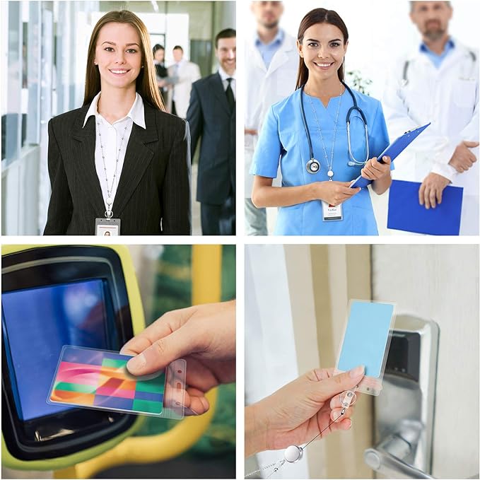 Retractable Badge Reel Lanyard with 2 Pieces ID Holder for Women, Fashion Beaded Chain Premium Stainless Steel Lanyard Necklace Water Resistant Name Badge Holder (Gold)