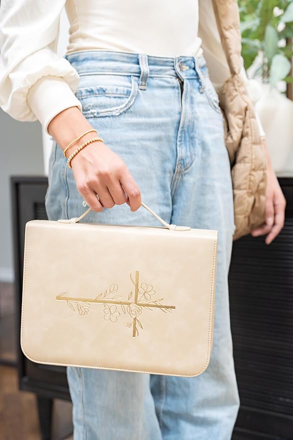 Bible Cover Case for Women - PU Leather Bible Covers for Women –Bible Case for Girls - Minimalist Design Debossed Bible Case, Large Bible Covers for Women – Bible Accessories (Beige/Gold)