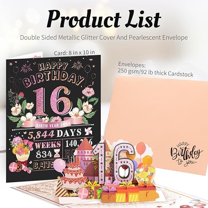 Sweet 16th Birthday Card for Girls Daughter,Jumbo Pop Up Sweet 16th Birthday Cards for Granddaughter Sister, Sweet 16th Birthday Decorations for 16 Year Old Girl Daughter Funny Birthday Gifts, Review of 2009, Pink