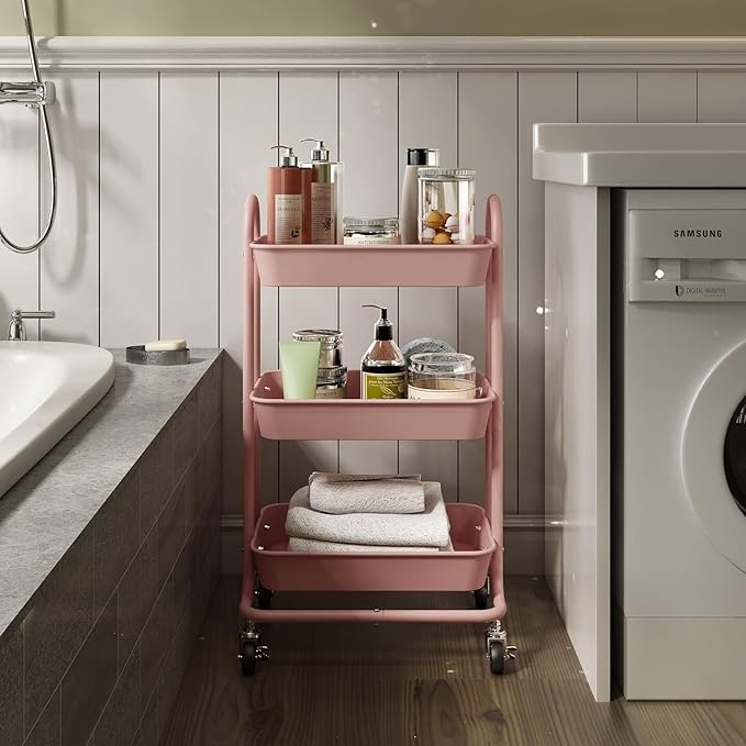 3-Tier Pink Utility Rolling Cart,Kitchen Storage Carts with Wheels,Pink Metal Rolling Cart for Office,Home,Kitchen,Garden๏ผ18"x11.4"x31.2"๏ผ Pink