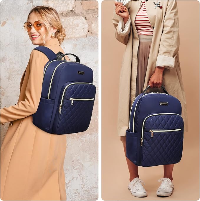 Modoker 15.6 Inch Laptop Backpack for Women, Quilted Work Backpack for Women Bookbag Teacher Backpack, Travel Backpack with USB Charging Port, Backpack Purse for Women Nurse, Blue