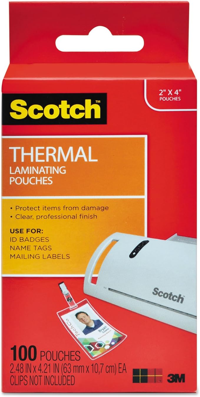 Scotch Thermal Laminating Pouches, 100 Count, Clear, 5 mil., Laminate Business Cards, Banners and Essays, Ideal Office or School Supplies, ID Card Sized (2.4 in. × 4.2 in.) Paper