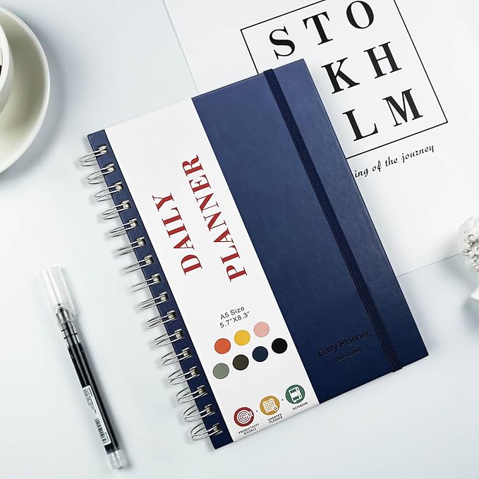 Undated Daily Planner,Undated Planner with Hourly Schedules, Daily Organizer Notebooks for work, Spiral Appointment Planner for Men and Wome, To Do List Notebook for Time Management, Elastic Closure, Pocket(Navy Blue)
