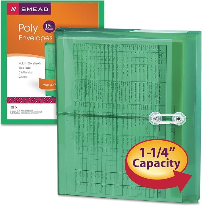 Smead Poly Envelope, 1-1/4" Expansion, String-Tie Closure, Side Load, Letter Size, Green, 5 per Pack (89523)
