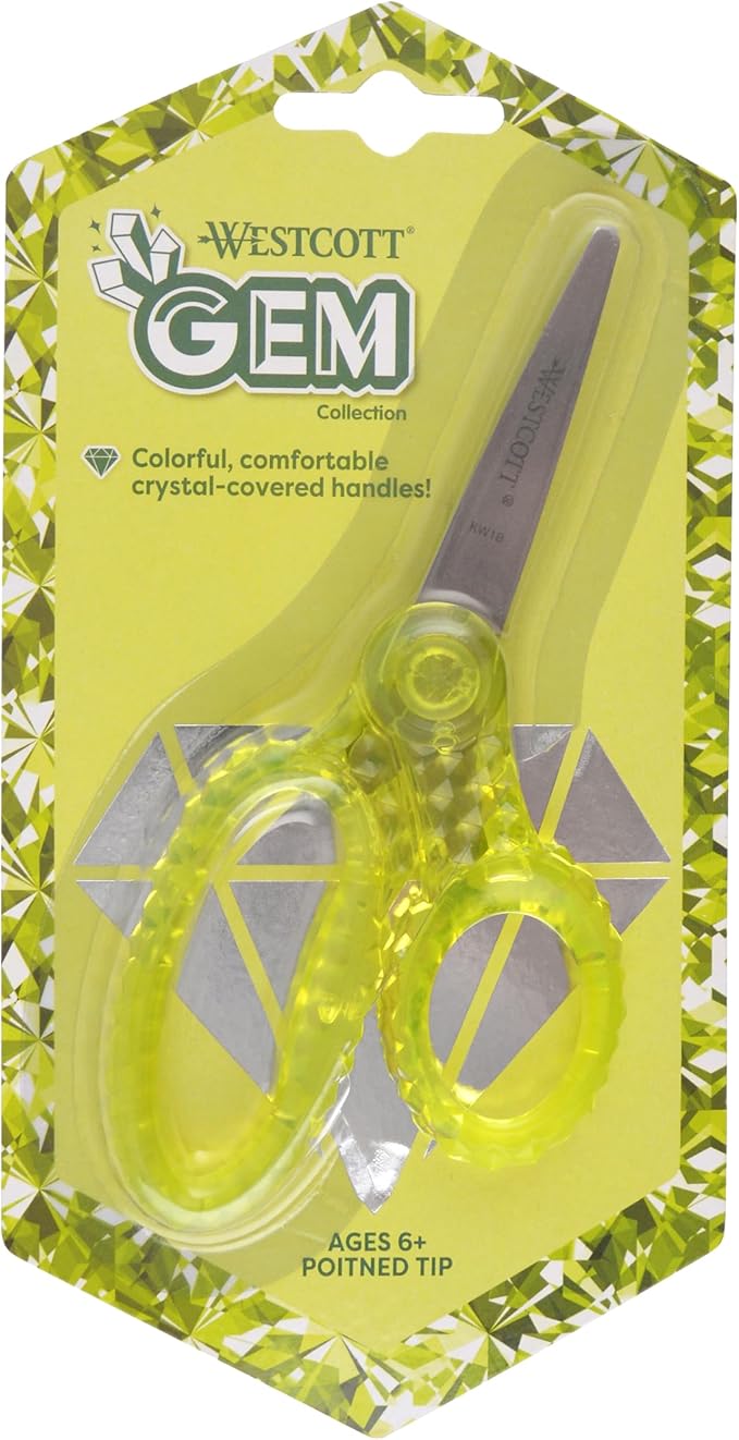 Westcott 5" GEM Crystal-Design Safety Scissors 12pk, Pointed-Tip for Kids Aged 6-8 - Scissors for School, Craft, Home, DIY, Classroom - Assorted Colors
