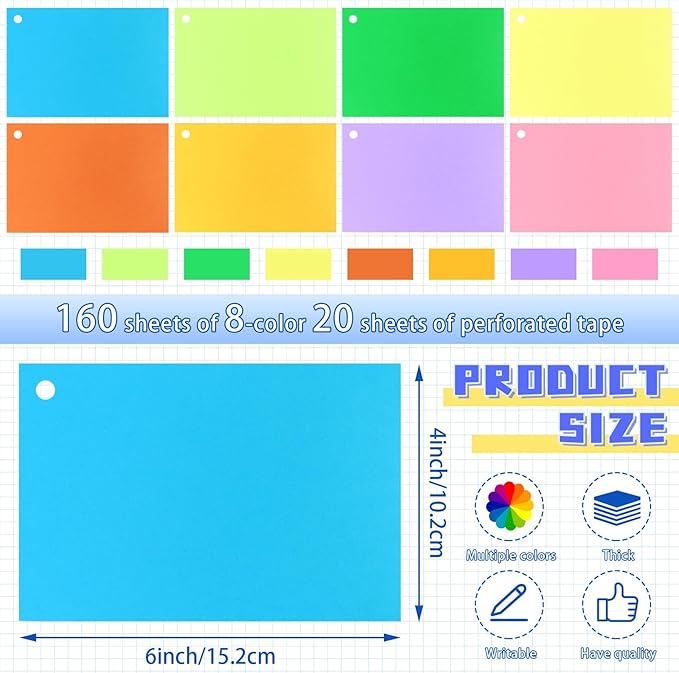 Tecmisse 160 PCS Index Card 4 x 6 Thick, 180 GSM Blank Flash Cards, Colored Note Cards, Blank Study Cards for School Learning and Office Supplies, 8 Colors