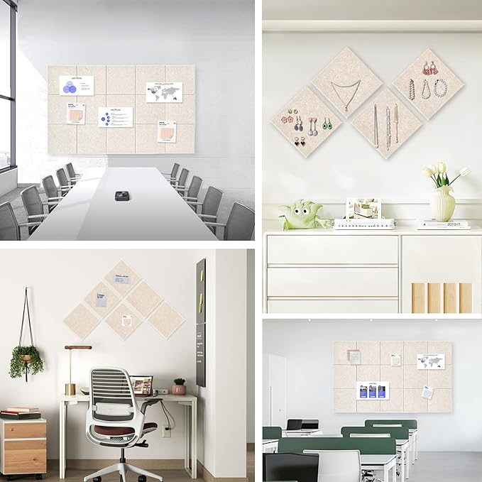 Large Cork Board for Office Wall Decor,48"x36"-12 Pack Felt Wall Tiles with 35 Push Pins, Thicker 0.47in, Felt Bulletin Board Pin Board Cork Boards for Walls - Beige