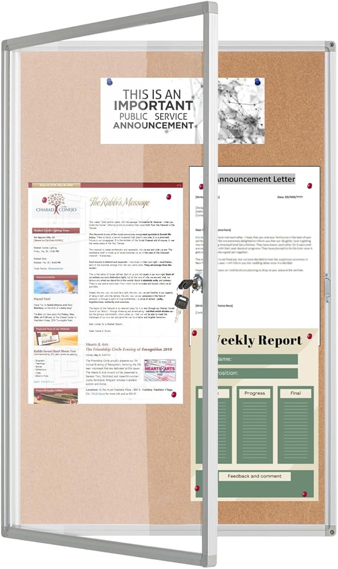 Lockable Noticeboard Wall Mounted Cabinet with Enclosed Cork Board - 24'x36' Bulletin Cork Board Cabinet for School Office, Display Case and Poster Memo Board