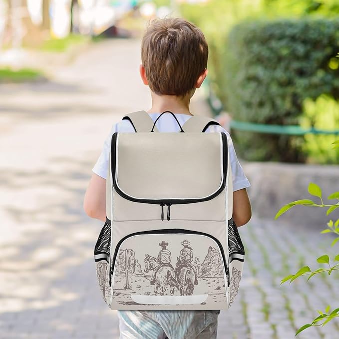 Western Desert Cowboy Backpack with Reflective Strip for Kids Boys Girls Elementary School Bag Removable Chest Strap
