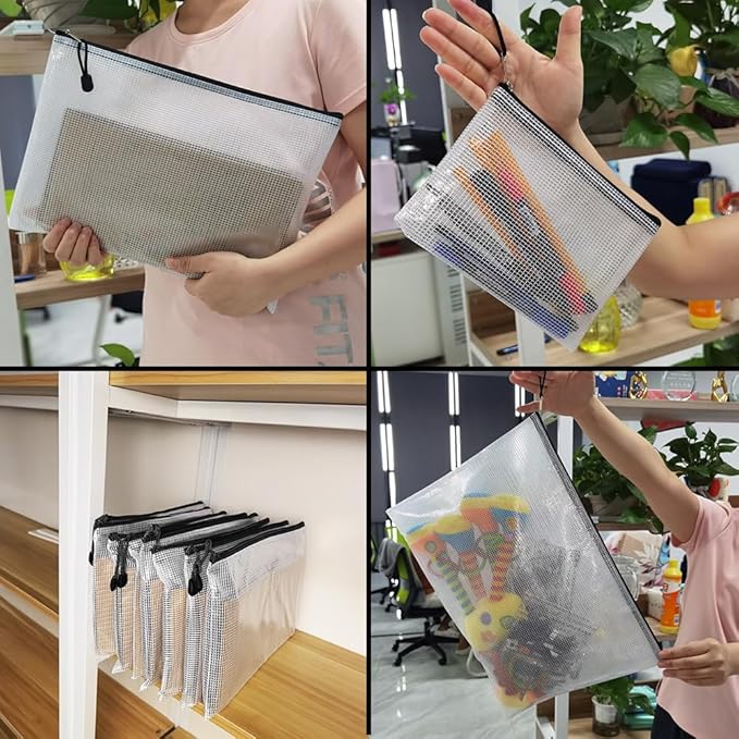 AUSTARK 10 Pcs Zipper File Bags, Waterproof Plastic Mesh Pouch for Office School, Board Game Storage Bags (Multi-Size, White and Black)