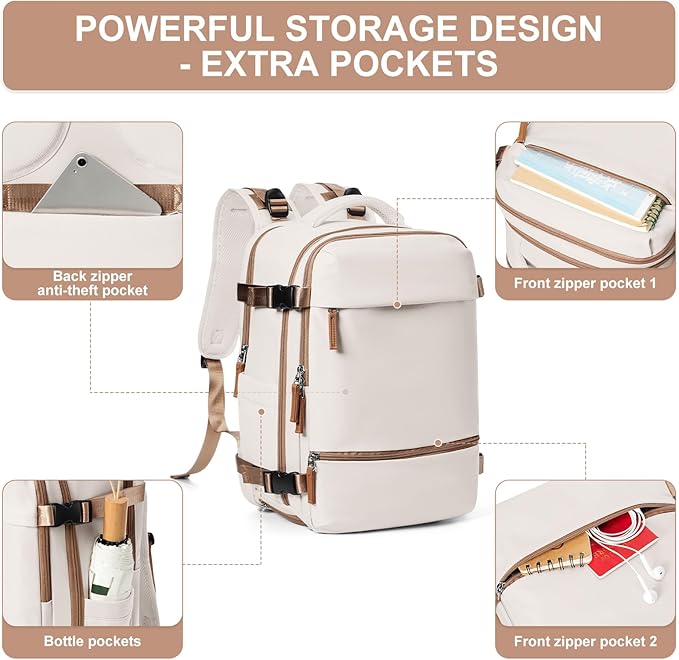 Travel Backpack Simple Durable Carry On Backpack with Shoe Compartment, Personal Item Travel Bag Flight Approved, Water Resistant Laptop Backpack for Women Men Weekender Business, Beige