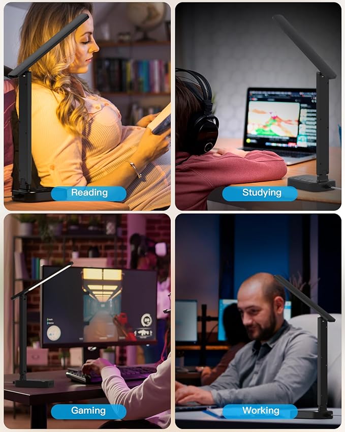 Power Strip with LED Desk Lamp, 3 Outlets 4 USB Ports(2 USBC) 4 Modes 5 Level Touch Lamp Small Desk Lamp for Home Office Bedroom Bedside, Study Reading Light, 5ft Extension Cord, Dorm Room Essentials