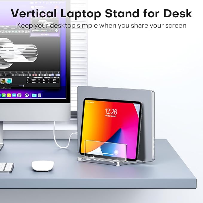 OMOTON Vertical Laptop Stand for Desk, Acrylic Dual Laptop Holder Desktop Clear Adjustable Dock for MacBook Pro Air, HP, All Gaming Laptops up to 17”