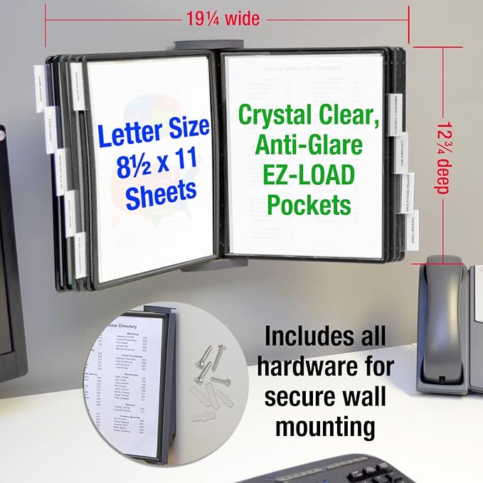 Ultimate Office AdjustaView 10-Pocket Wall Reference Organizer with Easy-Load Pockets and Mounting Screws, Black Pockets