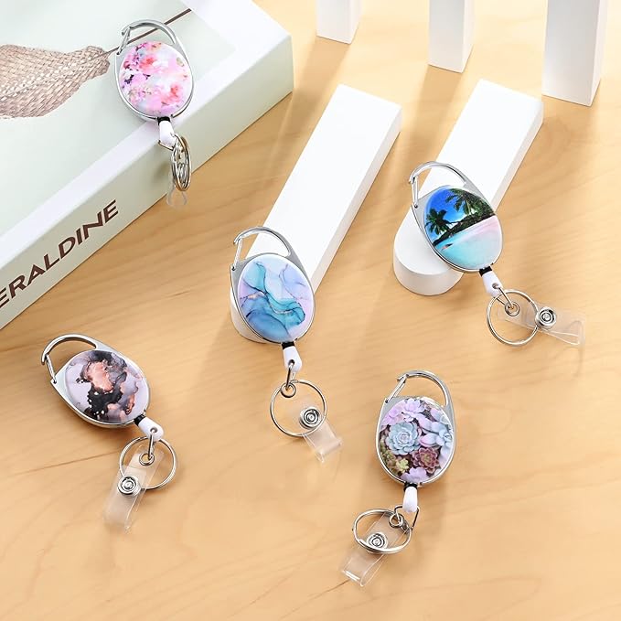 Badge Reels Retractable,Double Sided Color Print Pattern Retractable Badge Holders,with Retractable Keychain, Badge Clip and Key Ring,Durable Nylon Retractable Rope,Flower on Black