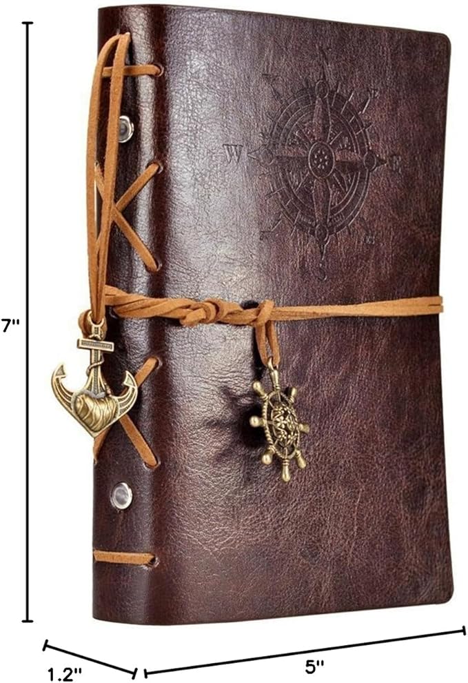 EvZ Leather Writing Journal Notebook, 7 Inches Vintage Nautical Spiral Blank String Diary Notepad Sketchbook Travel to Write in, Unlined Paper, Retro Pendants, Classic Embossed, Coffee